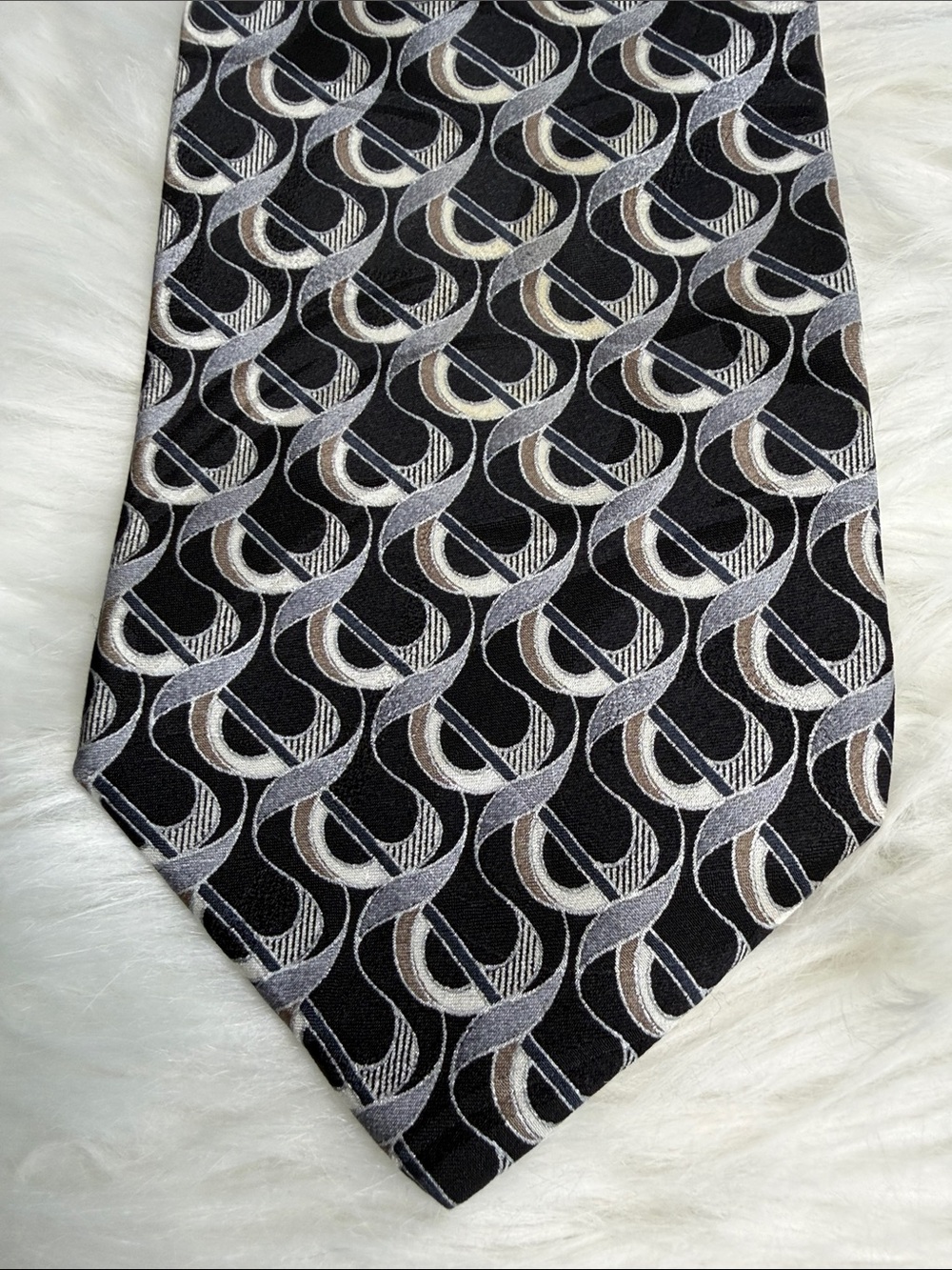 Mens Black Geometric Patterned Tie with Silver and Brown Accents